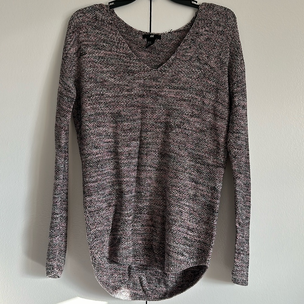 XS, Multicolored Knit V-Neck Tunic Sweater, Pink, Black, White
